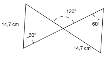 Figuren består av to trekanter som har et hjørne felles (og ikke overlapper ellers). Begge har en side på 14,7 cm, og begge har vinkel på 60 grader. I det felles hjørne er det tegnet inn en vinkel på 120 grader (dvs. vinkelen mellom en kant i den ene trekanten og en kant i den andre som møtes i hjørnet).